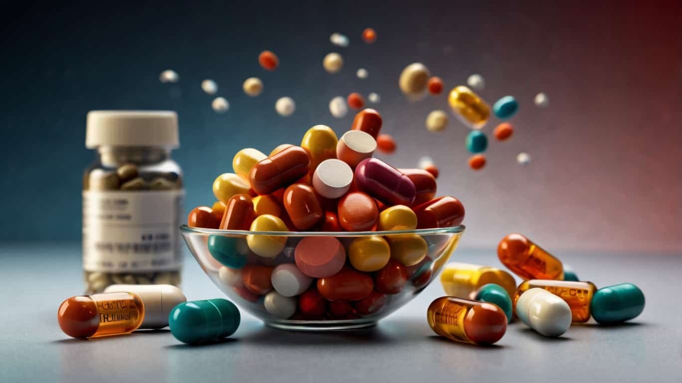 Warning sign with various supplement bottles and capsules