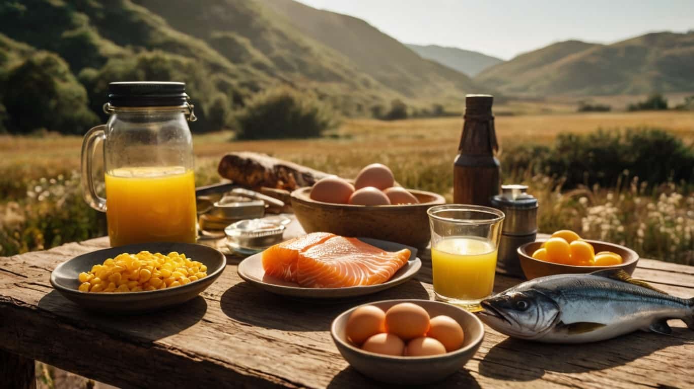 : "Various food sources of vitamin D, including fish, eggs, and fortified dairy products.