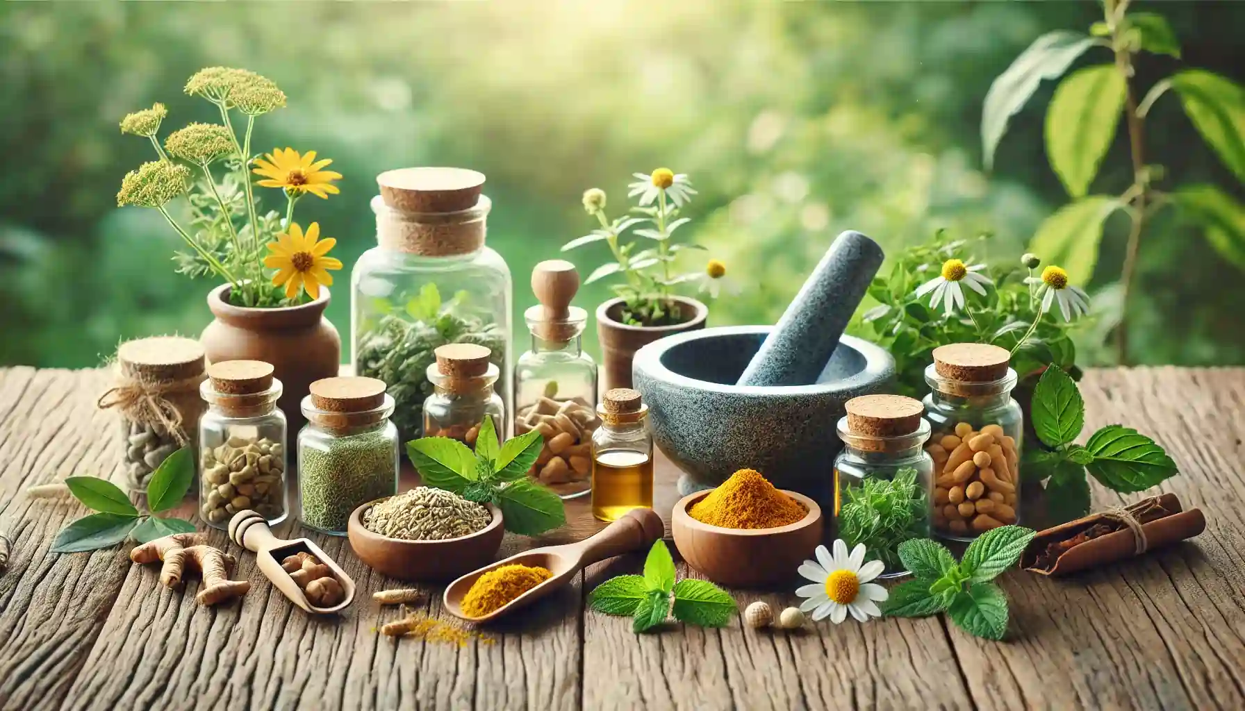 Various bottles and containers of herbal supplements.