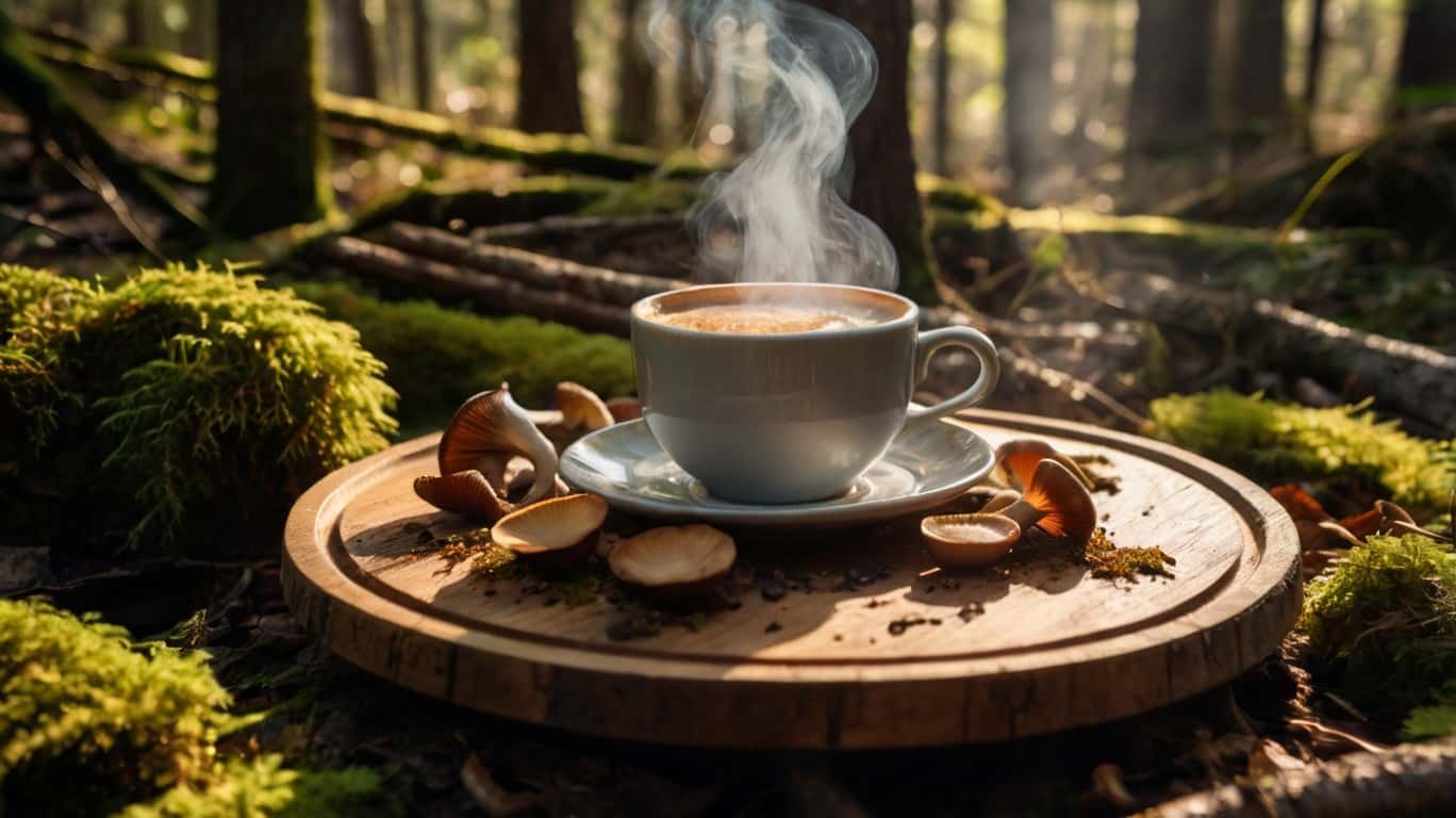 : "A cup of mushroom coffee with mushroom supplements on the side.