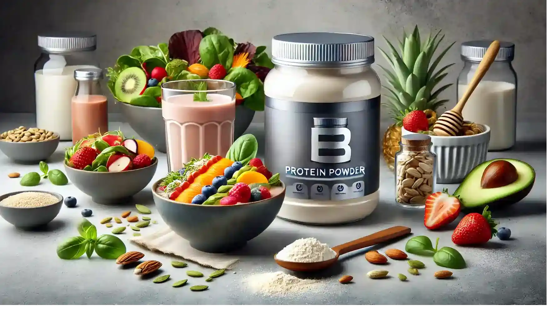 Protein powder container and a wholesome meal with fruits
