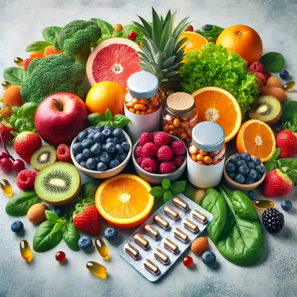 Vitamin bottles and capsules alongside fresh fruits and healthy food.
