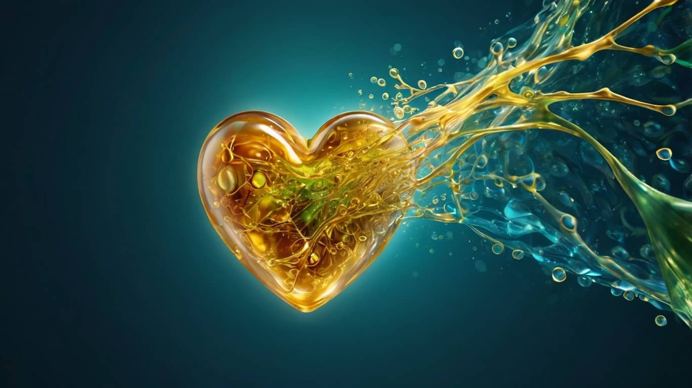 A visually striking abstract design with golden oil droplets and vibrant health symbols, highlighting the benefits of Omega-3 fatty acids.